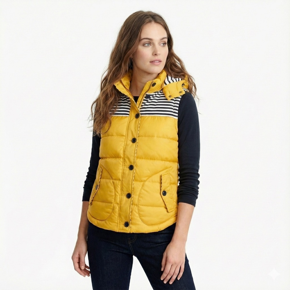 Boden hooded puffer vest down fill yellow striped lining US 10